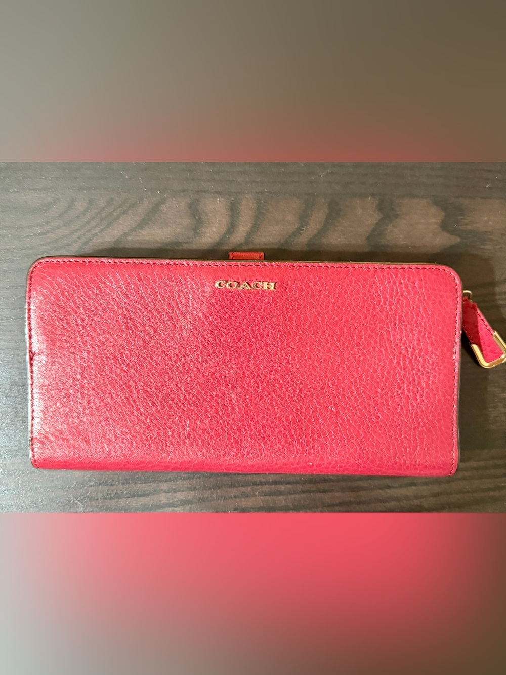 Coach Red Pebbled Leather Zip Wallet with Gold Logo